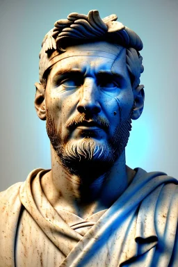 Ultra Realistic image, roman sculpture, white marble material, Lionel Messi, gold winner Laurel crown, miguel angel style, chisel style, emperor, waist up portrait, epic, celestial, cinematic lighting, God light, god rays, 4k resolution, smooth details, ornate details, soft lighting, unreal engine 5, sky and clouds background.