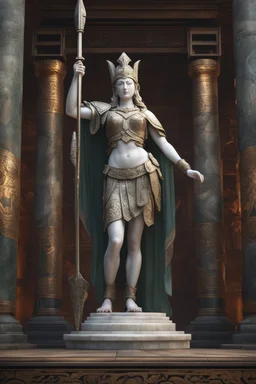 highly detailed marble and jade statue on a plint of the goddess of war. sandals, plate mail, spear, shield. stunning body. full body shot, Hyperrealism, breathtaking, ultra realistic, unreal engine, ultra detailed, volumetric fog, cinematic lighting, , stunning temple environment