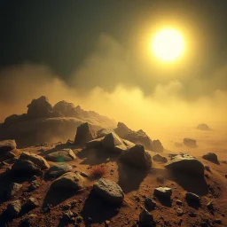 A striking quality photograph captures a wasteland, creepy, details of the dust very accentuated, glossy organic mass, adorned with minerals and rocks. Bathed in intense light, eerie, Max Ernst and Yves Tanguy style, black sun, fog, volumetric light, octane render