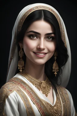 persian ghajar girl (young woman pale skin)), dark background, mid shot, full body, happy expression, looking down, ultra realistic, highres, superb, 8k wallpaper, extremely detailed, intricate, limited palette,