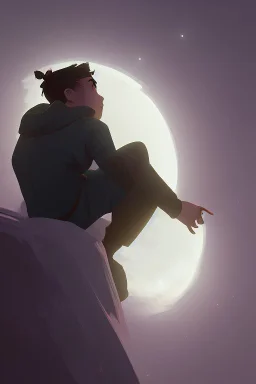a depressed boy looking at the moon at night sitting on his window