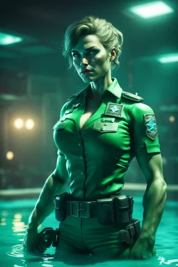 green muscular super mutant police woman in uniform in cyan pool in fallout 4 setting, bokeh, downlight, prize winning, depth of field, in the style of ivo caprino, backlight, aura