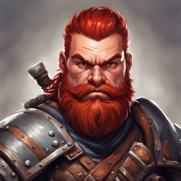 dnd, portrait of dwarf fighter, red hair and no beard, clean shaven.