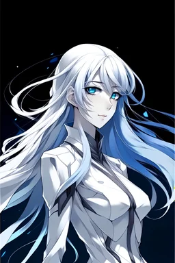 alien like anime girl with long white hair and blue and white skin in evangelion style