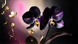 surreal minimalism, bauhaus, deep rich dark colors with a little gold, magic lighting, a minimalist image of a translucent Phalaenopsis black glowing orchid, orchid and leaves are lined in gold, simple gold swirls, 3d, simple bokeh, the background has a dreamlike quality, painted in peaceful shades of pink and gray with an almost ethereal atmosphere, bokeh