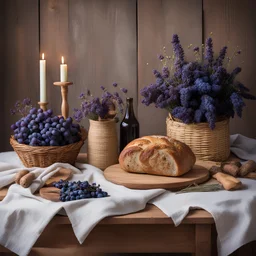 delicate arrangement on an old wooden table with a linen tablecloth, a freshly baked sourdough bread on a round cutting board, a tall cloth-covered basket with 2 French flutes, a wicker basket bouquet of dried lavenders, a 3-armed candelabra with candles, 2 bottles of red wine with corks, a cutting board with delicious cheeses, walnuts and blue grapes and crackers, fir cones lying sporadically, a red wine glass half filled with wine, 2 block lights give a cozy atmosphere,