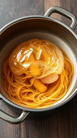 A transparent brain of spaghetti in a cooking pot