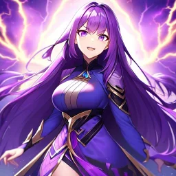 girl, masterpiece, best quality, volumetric lighting, detailed outfit, perfect eyes, purple hair, purple eyes, long hair, lightning magic, laughing, angry,