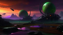 generar una paisaje realista de una tormenta espacial en un planeta donde hay montañas, rios y lagos, esta habitado por ballenas voladoras y se puede ver restos de naves espaciales destruidas. el cielo es violeta naranja y verde, se pueden ver 2 lunas y un planeta con anillo. es un mundo post apocaliptico