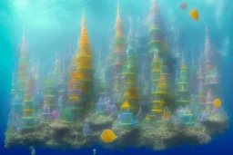 One mile tall underwater plastic city Towers made out of stacked Rubik's Cubes, Orange, white, blue, green.