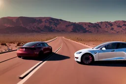 A Tesla 'Model S' is drifting at high speeds, in the Mojave Desert. (CINEMATIC, WIDE ANGLE LENS, PHOTO REAL)