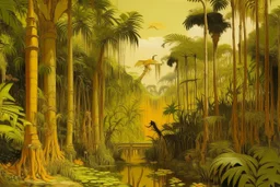 A yellowish orange colored rainforest with mangroves designed in ancient Egyptian architectures and sculptures painted by Edouard Manet