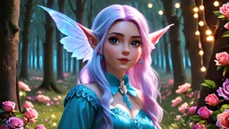 magical elf in pastel colored rose forest, trees, flowers, fairy lights, night, 8k, high quality, trending art, trending on artstation, sharp focus, studio photo, intricate details, highly detailed, by greg rutkowski