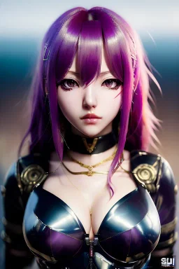 Detailed anime girl ,big boobs ,red hair buns, purple bangs, black latex battle suit, intricate details, full body portrait, keep head in frame, ignore NSFW, slight smile, black Japanese motif, concept art, highly detailed, digital painting, concept art, sharp focus, illustration, art by Yoji Shinkawa, WLOP and greg rutkowski and alphonse mucha and artgerm and yanjun Chen and Junji ito and Makoto Shinkai, HDR, octane render