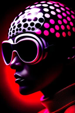 woman with red paint on full face, black round sunglasses, black and white swimming cap on head, black turtleneck, side view by joe scott , afrofuturism, futuristic, pop art, geometric, bizarre, surreal