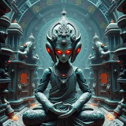 Techno Zen. Photorealistic. Hypnotic Perspective. Space Opera, Psychonaut, Enlightenment, samadhi. Tantric Psychedelic Tripping robot Monk, hallucinating an illusion. Sparkles scintillate through the air. Everythings is covered in an intricate etched fractal paisley pattern.alien temple with hindu like sculptures and motifs combined with high technology.
