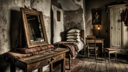 In the foreground close up an old, broken and cracked mirror rests on a vintage wooden table, the dimly lit space. European village poor room. A narrow, vintage wooden bed with large pillows at the end stands in the background, accompanied by an old wardrobe. A small table by the wall holds a kerosene lamp, simple, worn furniture. on the wall hangs a painted image hang of the Virgin Mary, small wooden window , high detailed, high realistic