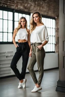 fullbody shot of young-beautiful-german girl-with-a-perfect-face-with-make-up-wearing- top and pants standing , prophesional photography studio