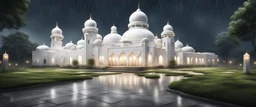 Hyper Realistic massive huge white mosque at a rainy night with stone pathway & grass patches