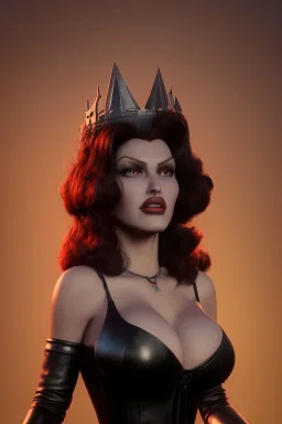 Rita Hayworth as evil queen in black leather, busty, cleavage, curvy, angry, stern look. character design by cory loftis, fenghua zhong, ryohei hase, ismail inceoglu and ruan jia. unreal engine 5, artistic lighting, highly detailed, photorealistic, fantasy