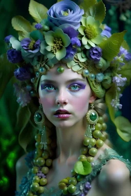 Beautiful young woman portrait adorned with lime fruit and minth leaves and lilac flower headdress baroque headdress, ribbed with minth green and lilac colour gradient mineral stone baroque beads wearing minth green ad lilac colour baroque stume ribbed with embossed minth leaves florals and floral Golden filigree costume and half face baroque masque organic bio spinal ribbed detail of baroque garden background extremely detailed hyperrealistic maximálist concept portrait art