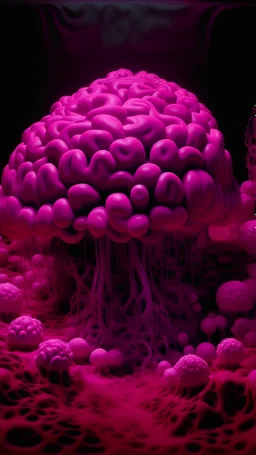 A dark magenta psychedelic realm with brains painted by Jeffrey Kolker
