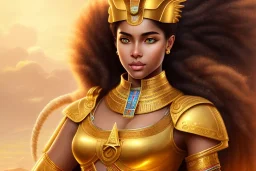 young woman, brown skin, short dark hair with golden highlights, ancient ((Egypt)),whole body, ancient armor, lion, golden jewelry, flames as clouds, magnificent, majestic, highly intricate, incredibly detailed, ultra high resolution, complex 3d render,