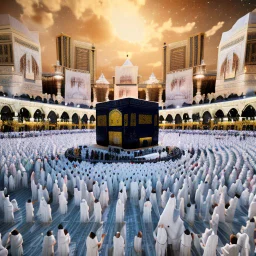 The scene in Mecca: People wearing white Ihram clothes, men without head coverings, women with veils, circumambulating around the Kaaba, and above them are transparent white spirits of children, men, and women with wings revolving around the Kaaba.