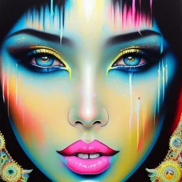 iv_a painting of a young woman, figurative art, an acrylic detailed painting, , brush strokes, paint drips and drabs and splatters by Harumi Hironaka, turquoise pink and yellow, james terrell art, trending on artstation, soft lines,intricate art by bastien lecouffe deharme and greg rutkowski