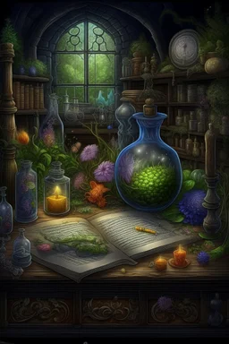 An illustration to an ancient reference book of the dwelling of fairy-tale characters, graphics, text with symbols, an alchemist's laboratory. realistic, scientific, detailed, patterns, cobwebs, decoupage of garden flowers,fabulous,hyperrealism,microdetalization,surreal,drawing,clear outline,color illustration,aesthetics,mystical landscape,dark botanical,dark fantasy,multicolor,detailed,threads,fibers,ambient clarity,volumetric,hyperdetalization,