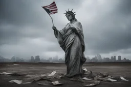 the statue of liberty, dress dirty and torn, her face solemn and terse, trash littered at her feet, she holds a crumpled american flag, she walks away with back turned under a dark and dreary sky, wide angle