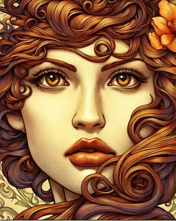 Tile hair, flaming lips, eyes seeking eternity, leader of the witch community, coppery tresses tumbled about her face, tremendous facial anatomy, meaningful beautiful brown eyes, wavy purplish hair, one third rule, trending on top of Art station, by Alphonse Mucha"