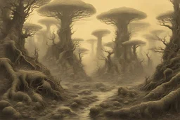 a surreal landscape full of eerie mandelbulb-slime-mold-lichen trees. lovecraftian concept art in the style of Alan lee beksinski giger
