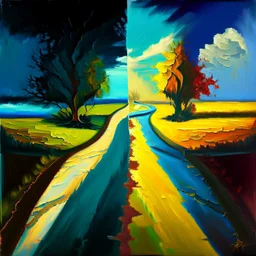 two roads diverged , art, oil colors, bright