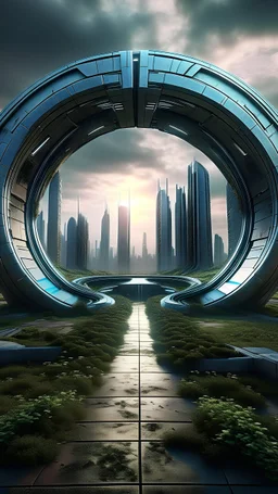futuristic megapolis small portal in the middle of ground