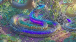 whole body image of Serpent in the Garden of Eden coiled around the Tree of Knowledge, hyper-realistic, HD 8K, sharp detail, iridescent scales
