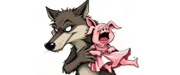 wolf carrying a scared pig girl with dress under his arms , stupid cartoon, airbrush and pen outline
