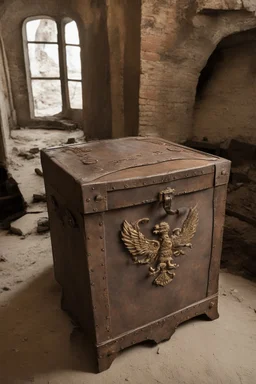 in the BASEMENT there is an old, broken brown oblong leather chest with short handles, from which gold coins from the time of Catherine the Great fall out. The ancient coat of arms of tsarist Russia, the double-headed eagle, is BARELY VISIBLE on the bag. There are a lot of broken bricks and earth around the bag. All in high quality 8K