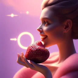 pixar style, volumetric pink sky environment and background, volumetric lighting, dramatic lighting, realistic painting of an strawberry and a beautiful housewife eating marmelade, smiling, detailed digital painting, extreme dense and fine, anime, ornate, colour-washed colors, elegant, small minutiae, tiny features, particulars, centered, smooth, sharp focus, renderman gofur render, 8k, uhd, detailed eyes, realistic shaded volumetric lighting, caustics, backlight