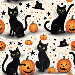 black cat on Halloween dancing with pumpkins in the photo of the starry sky