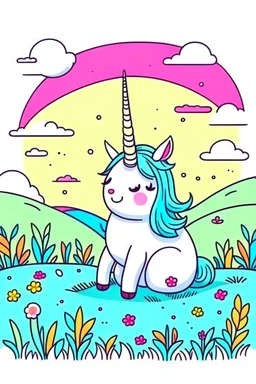 kids illustration, a cute unicorn playing in field, cartoon style, thick line, low details, vivid color