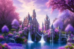 luminous white crystal castle,fountain, sun,swanns,waterfall, BLUE LAKE, SWANNs,blue bugainvillier flowers, jacaranda violet trees, sky pink blue, full of details, smooth, bright sunshine，soft light atmosphere, light effect，vaporwave colorful, concept art, smooth, extremely sharp detail, finely tuned detail, ultra high definition, 8 k, unreal engine 5, ultra sharp focus