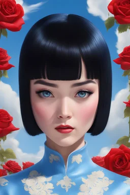 full body - Horror of the Planet of the Grapes - black hair, Deep Blue Eyes - head and shoulders portrait - Lenna, part grape, part human, short, bowl-cut, straight black hair, the bangs cut straight across the forehead, she resembles a China doll, and she resembles Spock - Mountains, blue skies, clouds, red roses, blue roses, yellow roses, honeysuckle roses, carnations, lilacs, professional quality, 32k, UHD, glossy, 1080p, Extremely high resolution Digital photograph