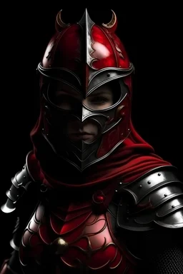 Realstic Scary Female knight that has Crimson Red armor and a Angelic helmet with a face mask in the Dark backround