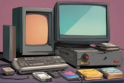 retro tech on a desk, Magneto-optical disk, floppy disk, Hard disks, ram, VHS, Retro pc, slight watercolor, no humans