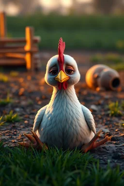 A realistic 3D scene of a chicken sitting alone on the ground, crying softly. Its eyes are teary, and a few tears roll down its face. The background shows a small muddy farm area with soft sunset light. The atmosphere feels emotional and sad, symbolizing disappointment. Detailed feathers, soft lighting, cinematic shadows, and a gentle breeze moving the grass.