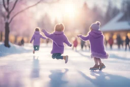 pencil drawing, pastel colours, in the foreground we see a purple knitted scarf falling on the ice, in the background cute cjibi children are skating happily in sunshine, ethereal, cinematic postprocessing, bokeh, dof