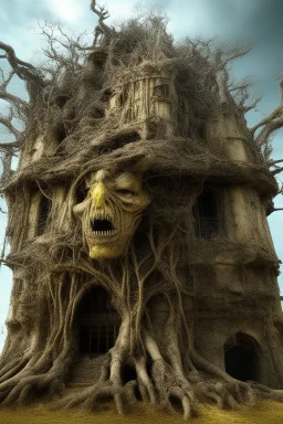 surrealis monochrome A fragmented, surreal sculpture liguid color of photorealistic image 3d,psychedelic art of an castle glossy emerging from dreamlike a crumbling building. The face appears pale with deep cracks and intricate details, evoking a haunting expression. Blackened tree branches intertwine with the gold mengkilat cracks, set against a backdrop of stormy, cloud-filled skies. bauhaus art The overall tone is dark and moody, suggesting themes of decay and transformation.
