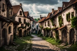 A small dilapidated European village in the renaissance age with an oppressive atmosphere. DSLR camera Sony Alpha 7 50mm 1.8,medium shot,high-resolution image with fine details