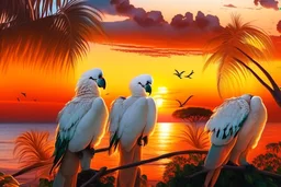 cockatoos, tropical paradise island, sunset